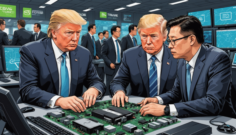 donald trump conclut un accord historique avec jensen huang, pdg de nvidia, permettant à la chine d'accéder plus facilement aux puces d'ia avancées de nvidia, impactant le secteur technologique mondial.